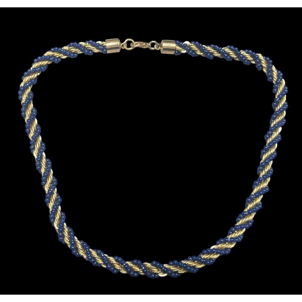 Elegant Vintage French Twist Gold Tone Chain Necklace With Blue Glass Beads
